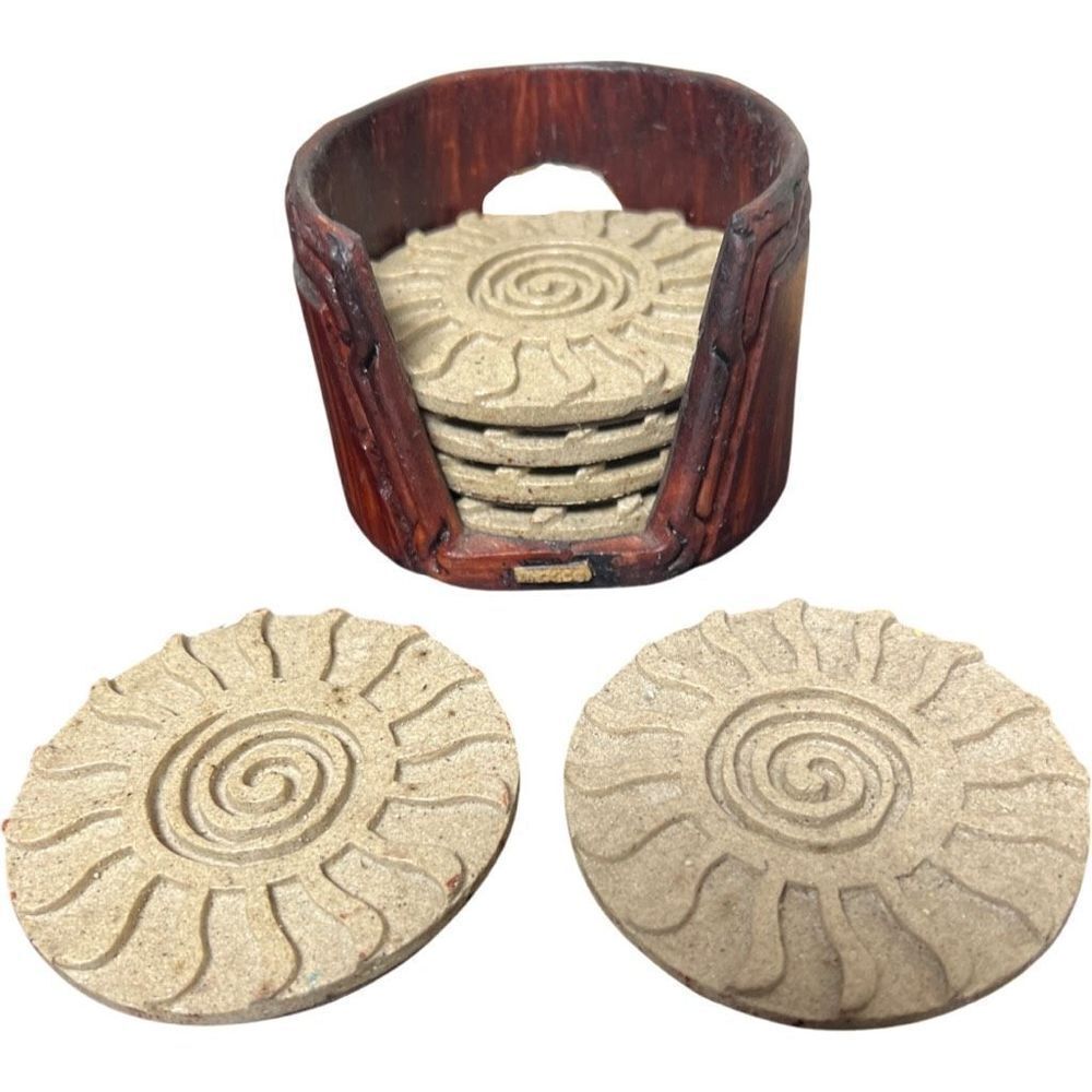 Vintage NIB Made In Mexico Sun Sand Ceramic Coasters with Wood Stand